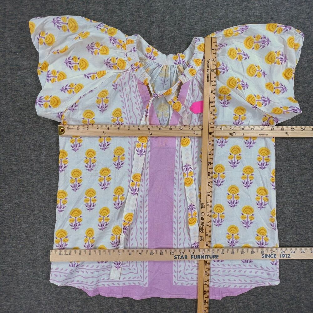 Ivy Jane Border Block Print Blouse Designer Sample M Yellow Purple Cotton Top - Picture 4 of 7